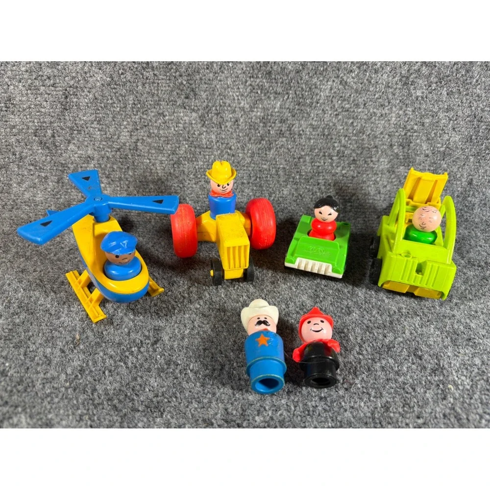 Vintage Fisher Price Little People Vehicle Lot Helicopter Tractor Forklift 6 Fig